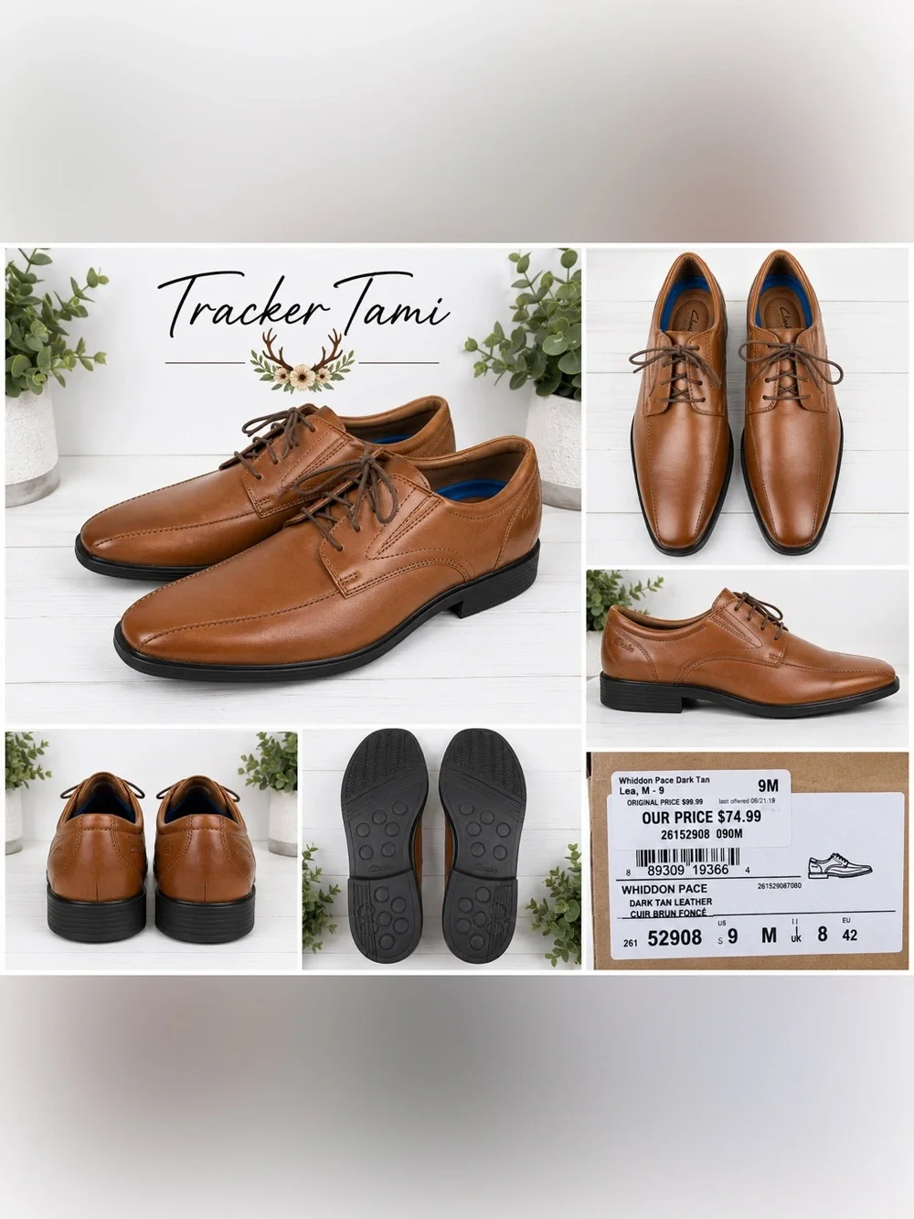 Clarks Whiddon Pace Men’s 9M Dark Tan Leather Oxford Dress Shoes Comfort